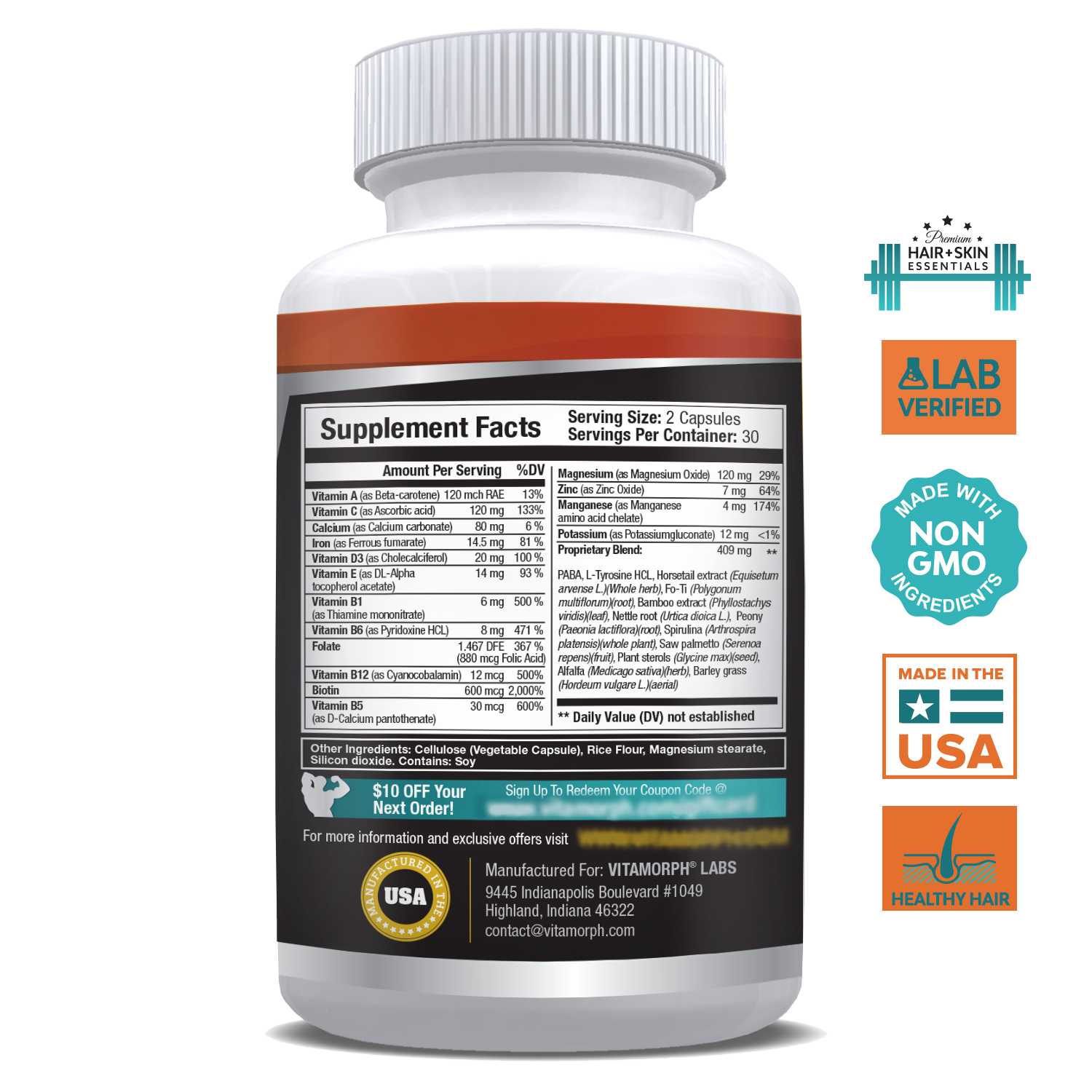 Hair Growth Vitamins Supplement - 60 Capsules - Vitamorph Labs Hair Growth Vitamins Supplement - 60 Capsules - Vitamorph Labs
